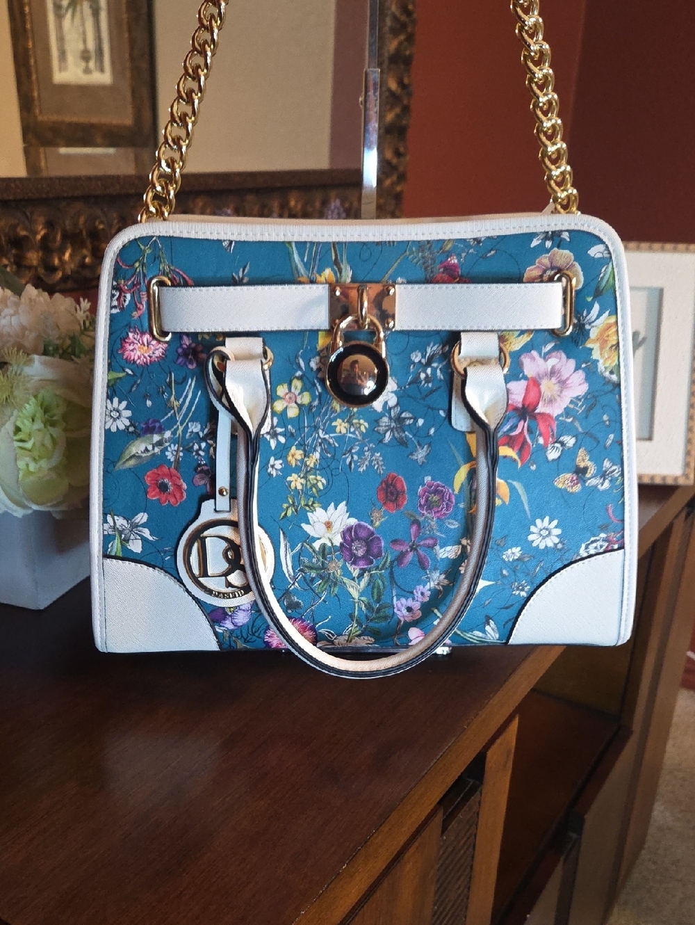 Dasein Floral Blue and White Tote Handbag-Like New